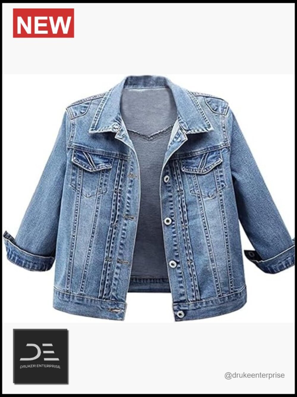 Stretch Distress Slim Crop Denim Jean Trucker Jacket 3/4 Sleeve